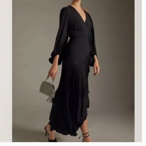 NWT ANTHROPOLOGIE FALL BLACK Fringe Wrap Dress By From Hutch STUNNIG XXS - Picture 3 of 3